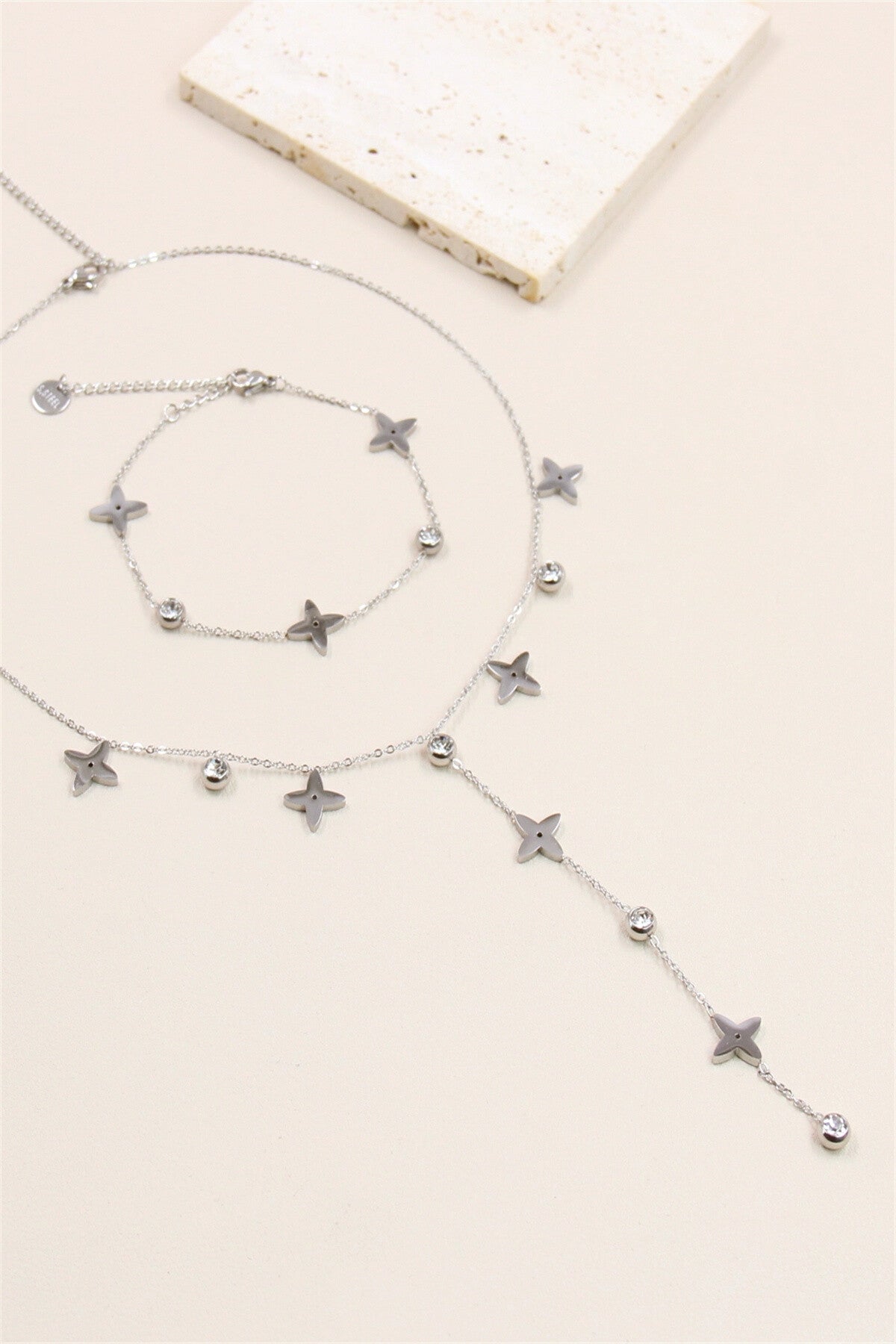 Parure étoile strass en acier inoxydable argentée