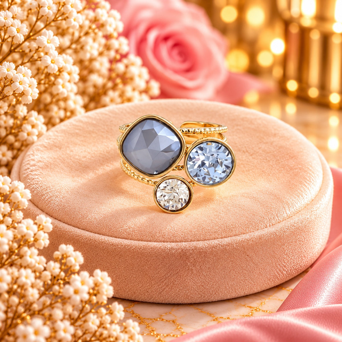 Bague trilogie dorée ornée de cristaux de Swarovski® GRIS FONCE