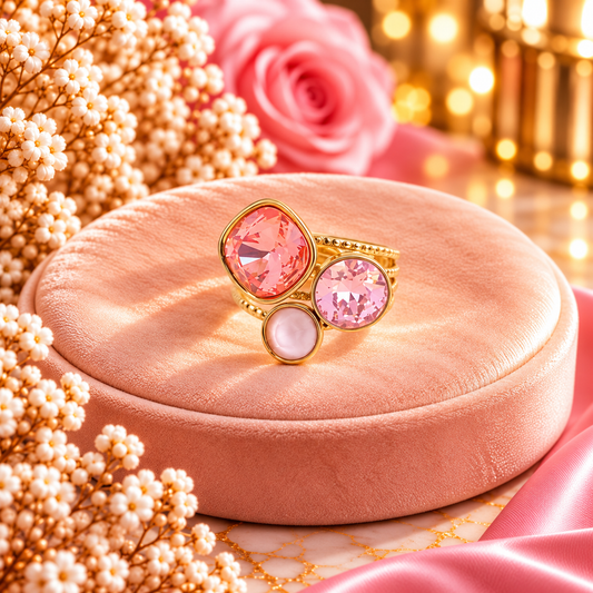 Bague trilogie dorée ornée de cristaux de Swarovski® Corail