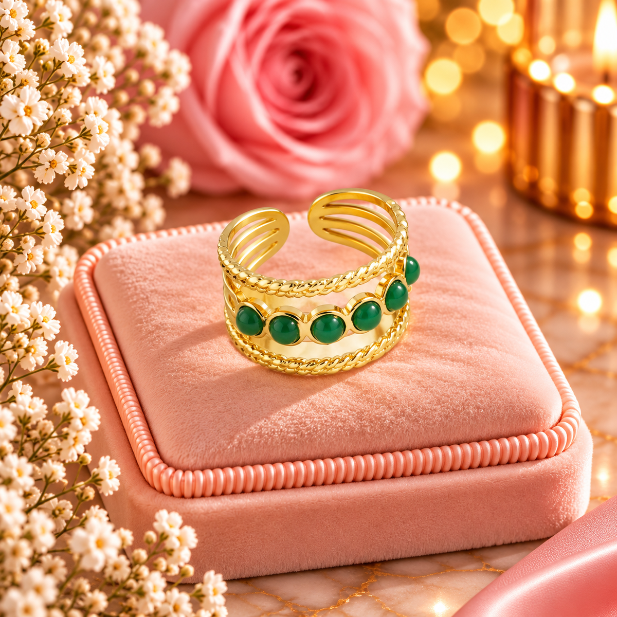 Bague pierre en acier inoxydable ajustable  VERT