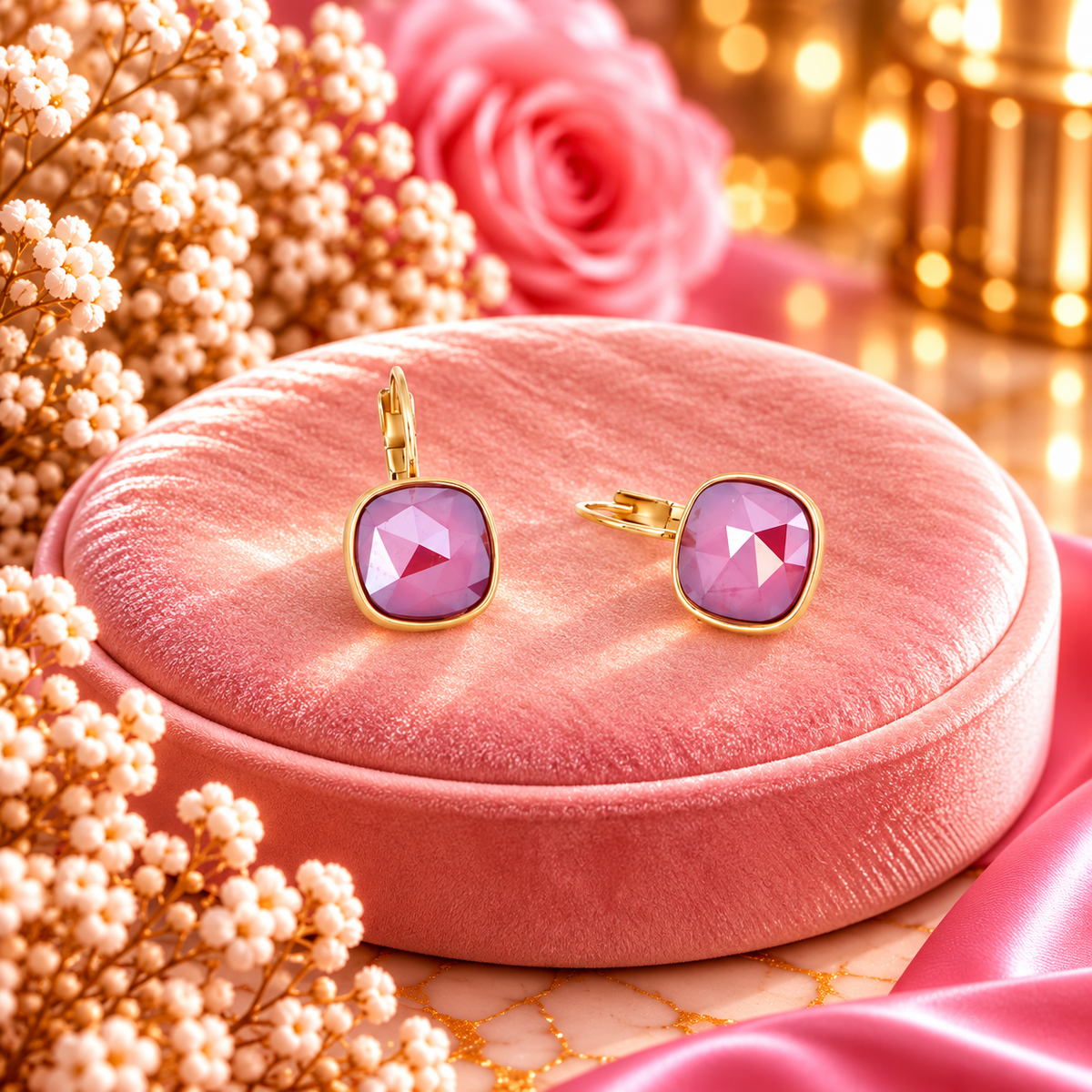Boucles Beatina dormeuses dorées ornées de cristaux de Swarovski® 10mm BORDEAUX