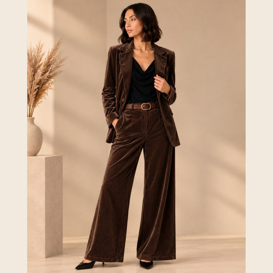 PANTALON PALAZZO EN VELOUR AVEC CEINTURE  CAFE