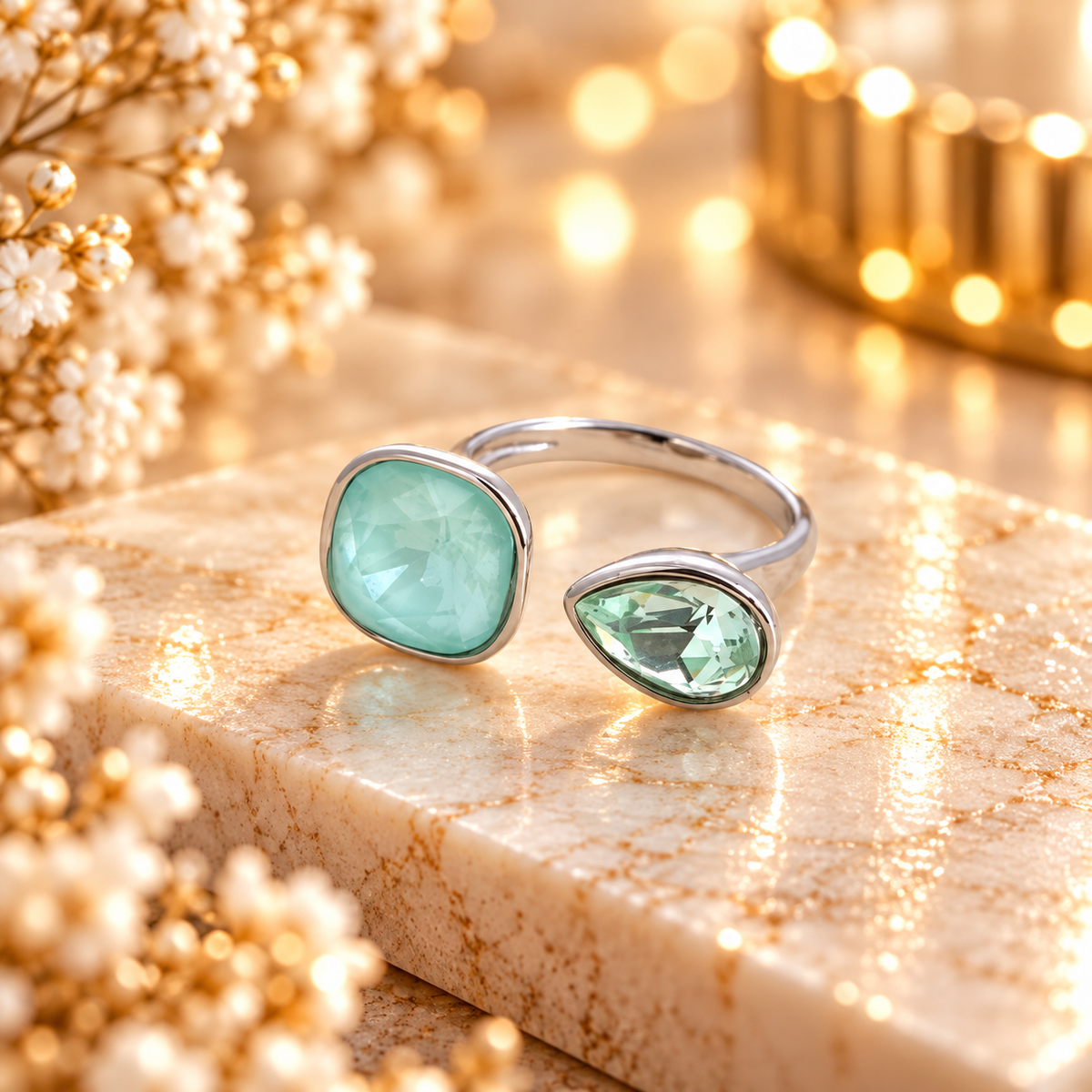 Bague ouverte argentée - ornée de cristaux de Swarovski® VERT D'EAU