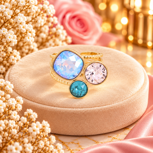 Bague trilogie dorée ornée de cristaux de Swarovski® BLEU CLAIR