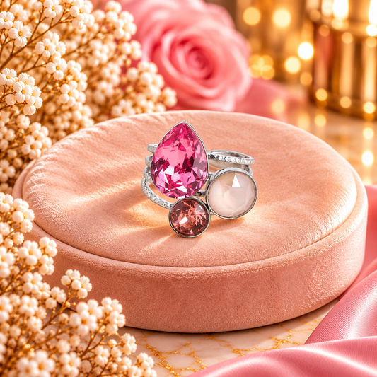 Bague Trilogie goutte argentée - ornée de cristaux de Swarovski® ROSE
