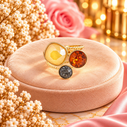 Bague trilogie dorée ornée de cristaux de Swarovski® JAUNE SOLEIL