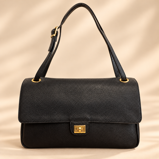 SAC MAEL NOIR EN CUIR GRAINE AVEC RABAT