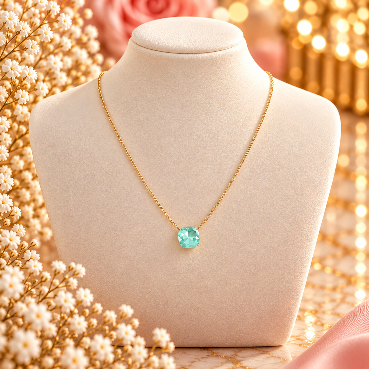 Collier doré - maille forçat, orné de cristaux de Swarovski® VERT CLAIR